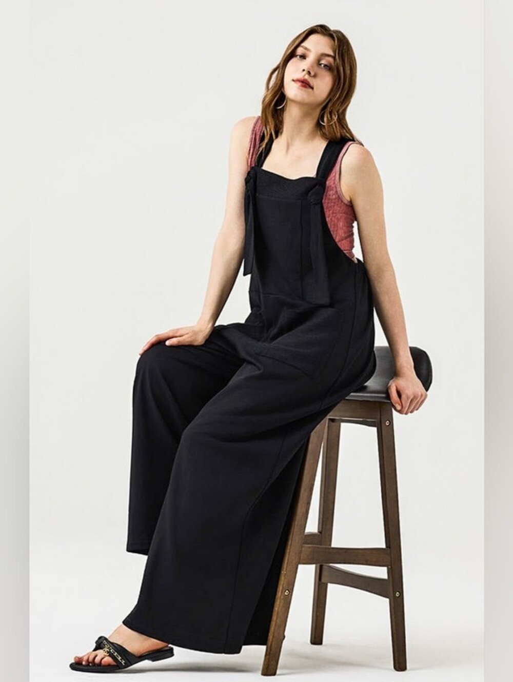 A4-0612 Slouchy Overall Wide Leg Jumpsuit Casual Boho Jumpsuit - Black